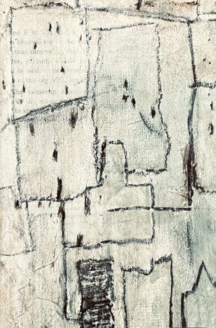 Modern abstract artwork using mixed media using recycled paper and card.
