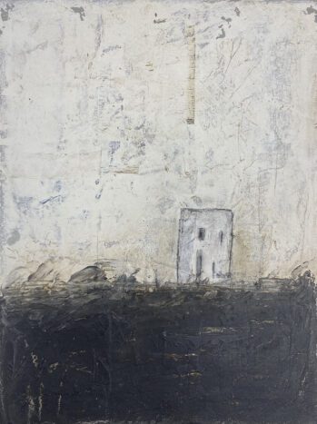 Abstract wall art using mixed media on recycled materials.