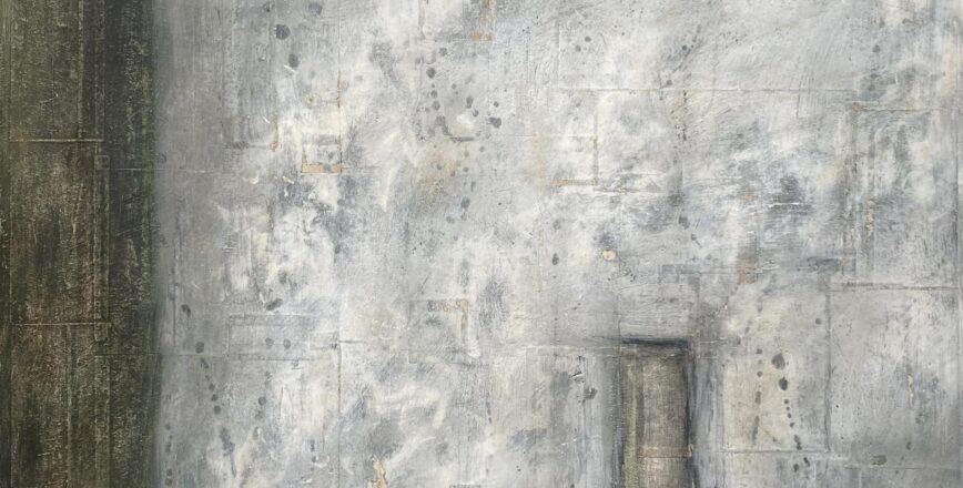 Modern abstract artwork using mixed media using recycled board and paper.